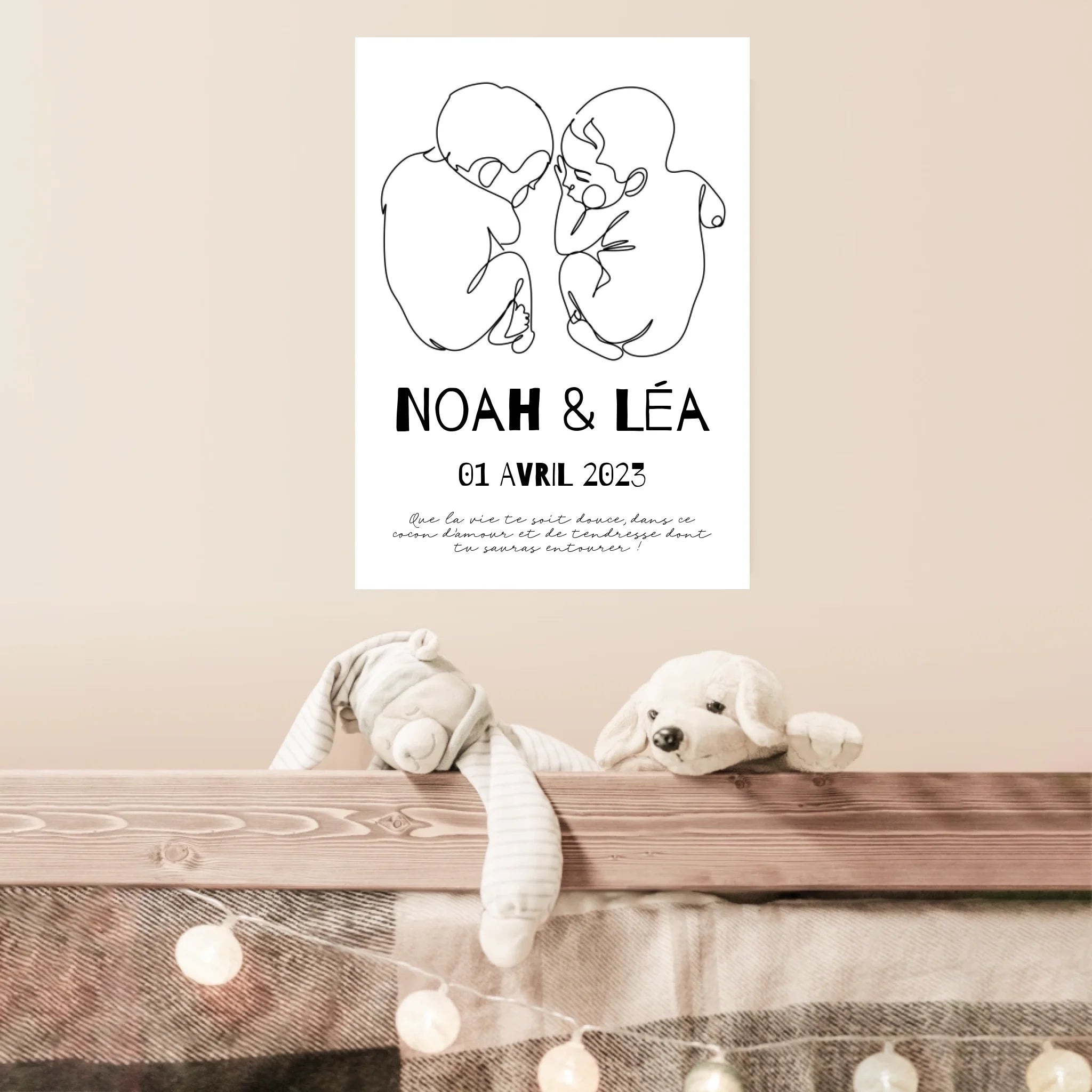 Affiche Naissance Personnalisé Line Art Jumeaux