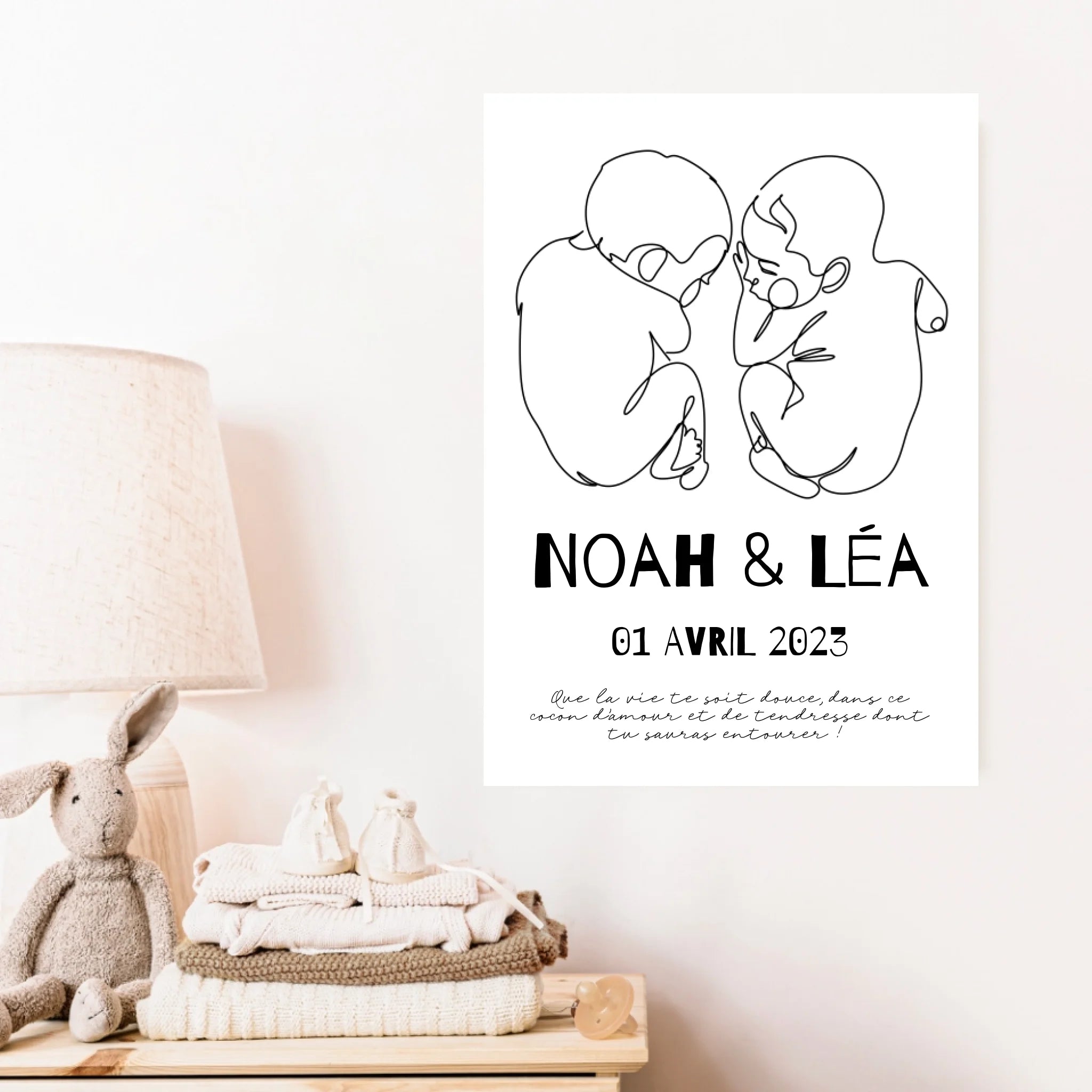 Affiche Naissance Personnalisé Line Art Jumeaux