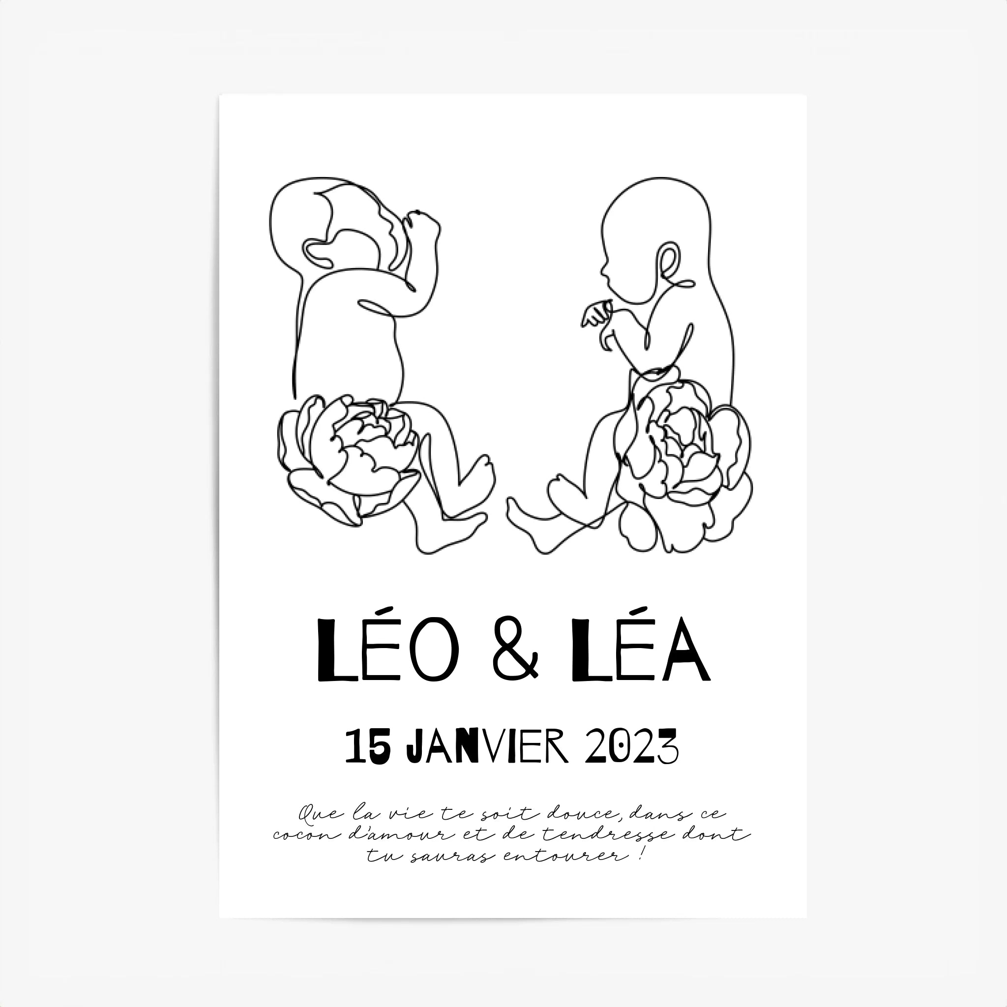 Affiche Naissance Personnalisé Art Line Jumeaux