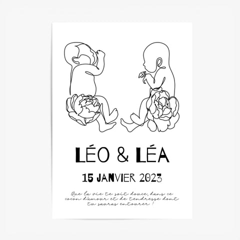Affiche Naissance Personnalisé Art Line Jumeaux