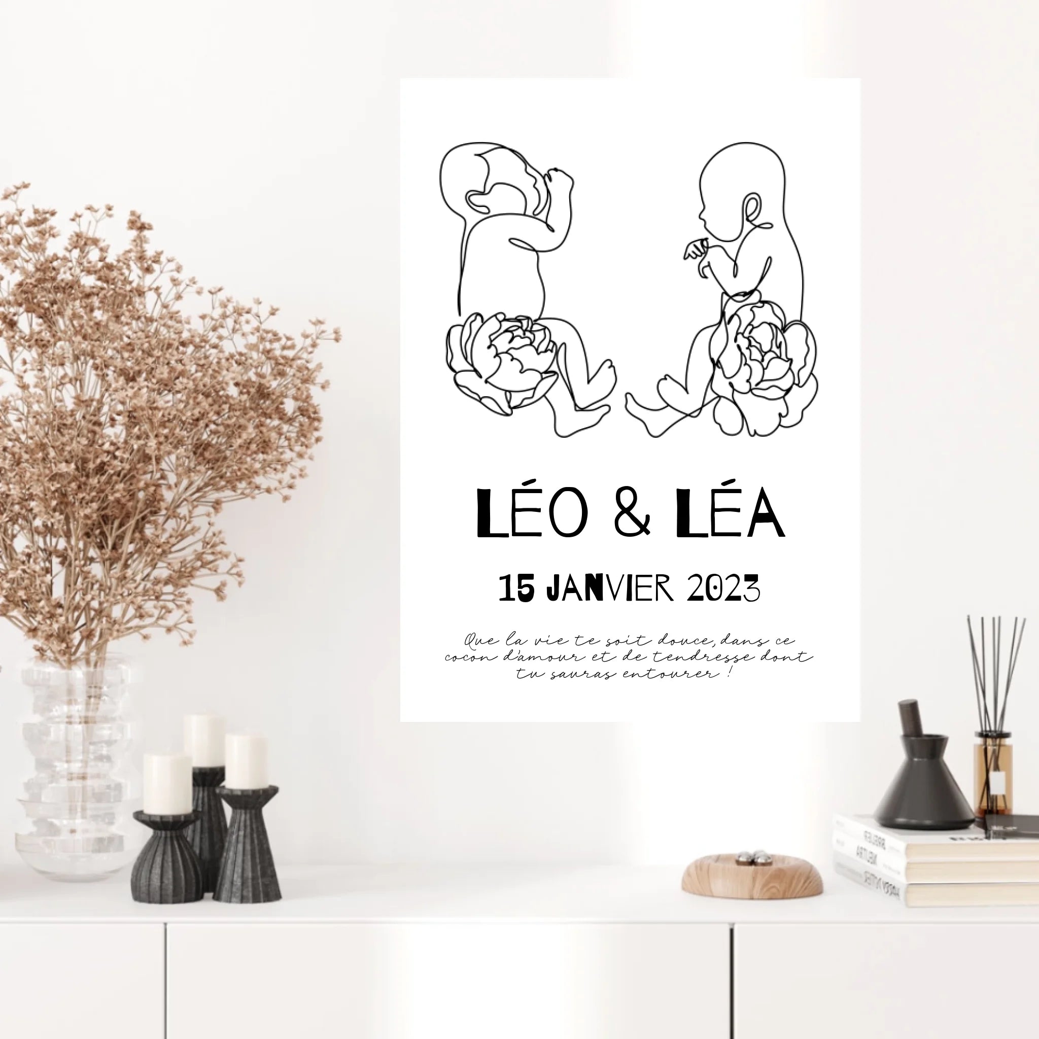 Affiche Naissance Personnalisé Art Line Jumeaux