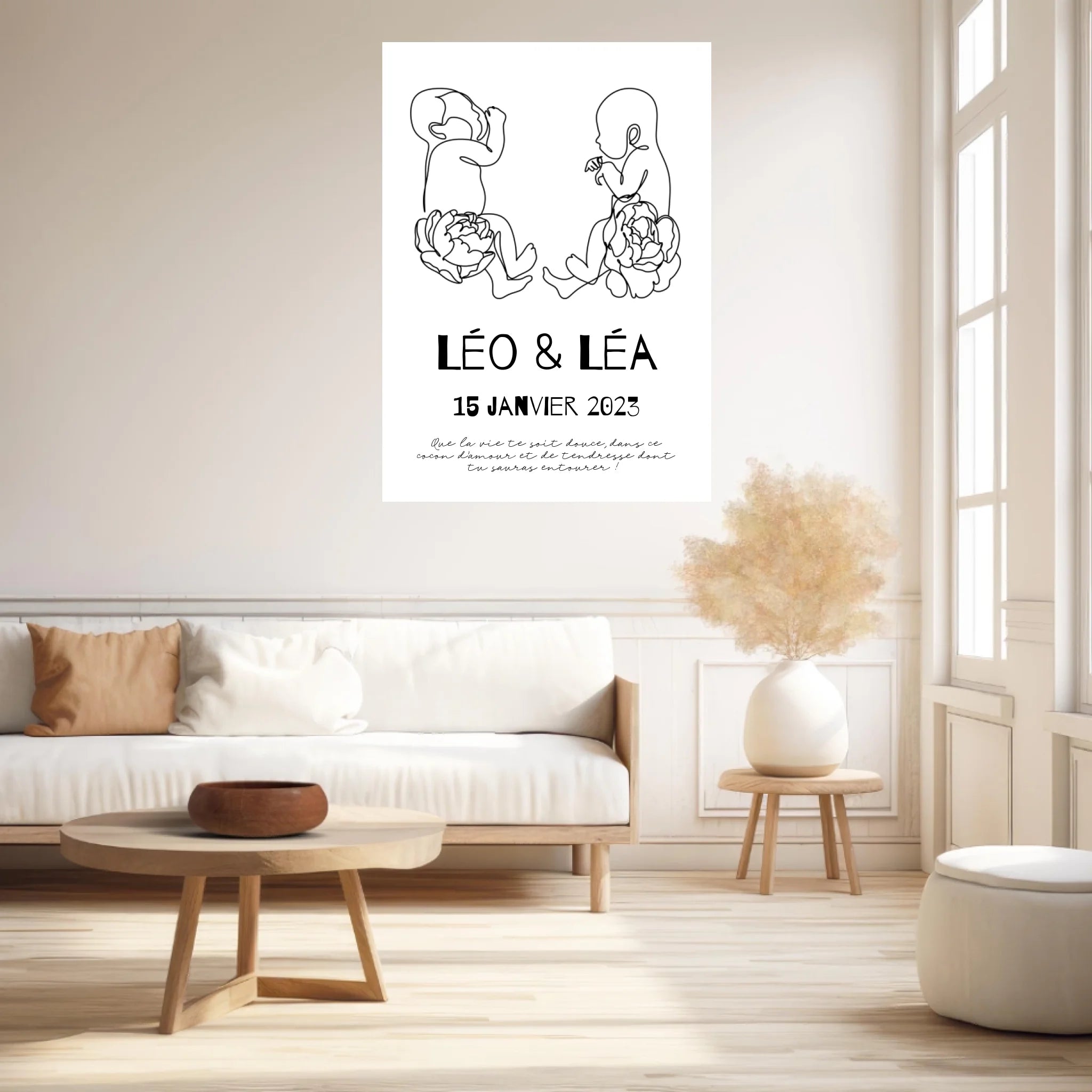 Affiche Naissance Personnalisé Art Line Jumeaux