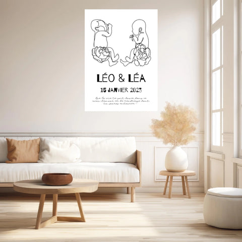Affiche Naissance Personnalisé Art Line Jumeaux