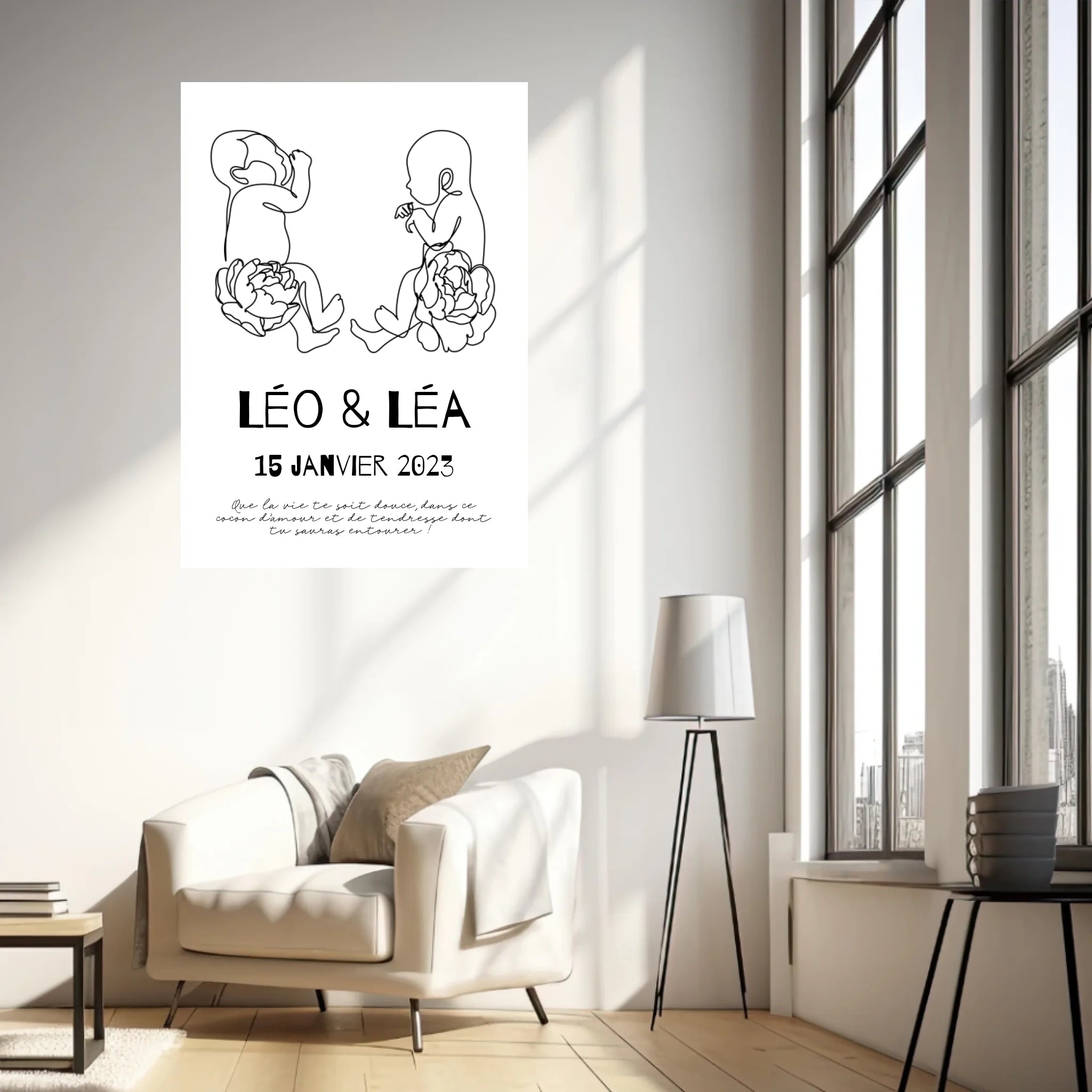 Affiche Naissance Personnalisé Art Line Jumeaux
