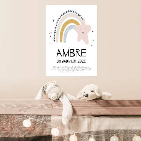Tableau Naissance Personnalisé Arc-en-Ciel "Étoile Rose"
