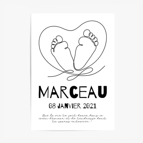 Tableau Naissance Personnalisé Line Art "Pieds Cœur"