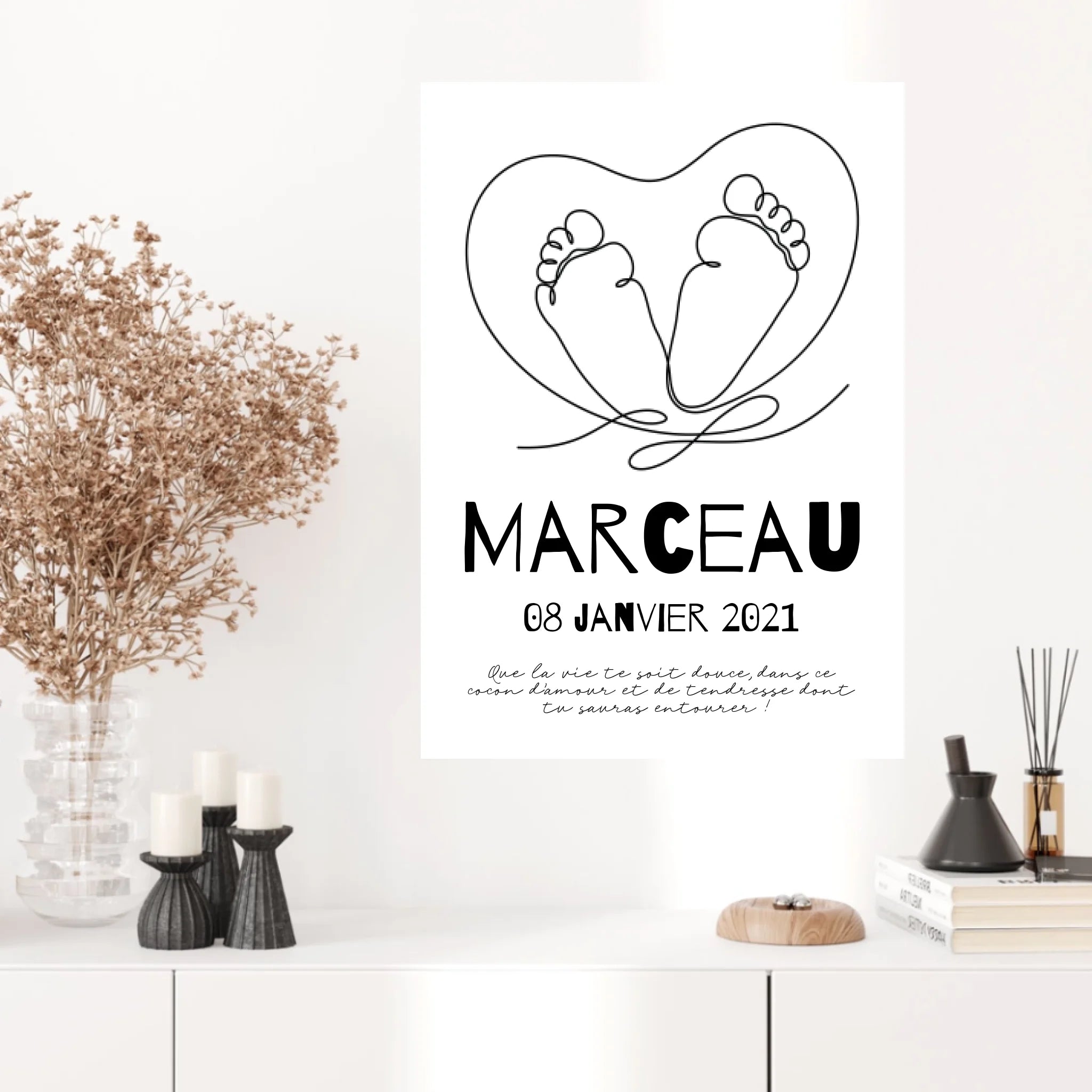 Tableau Naissance Personnalisé Line Art "Pieds Cœur"