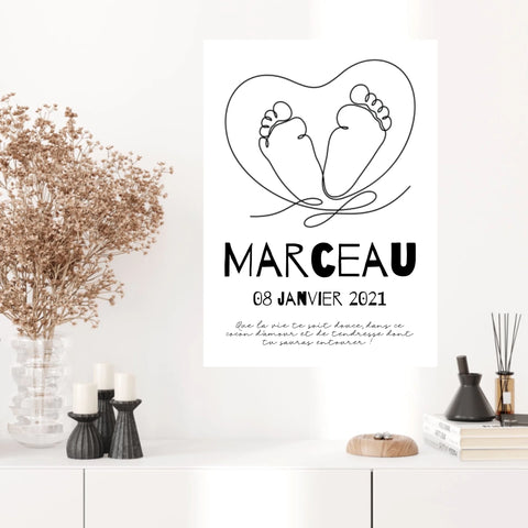 Tableau Naissance Personnalisé Line Art "Pieds Cœur"