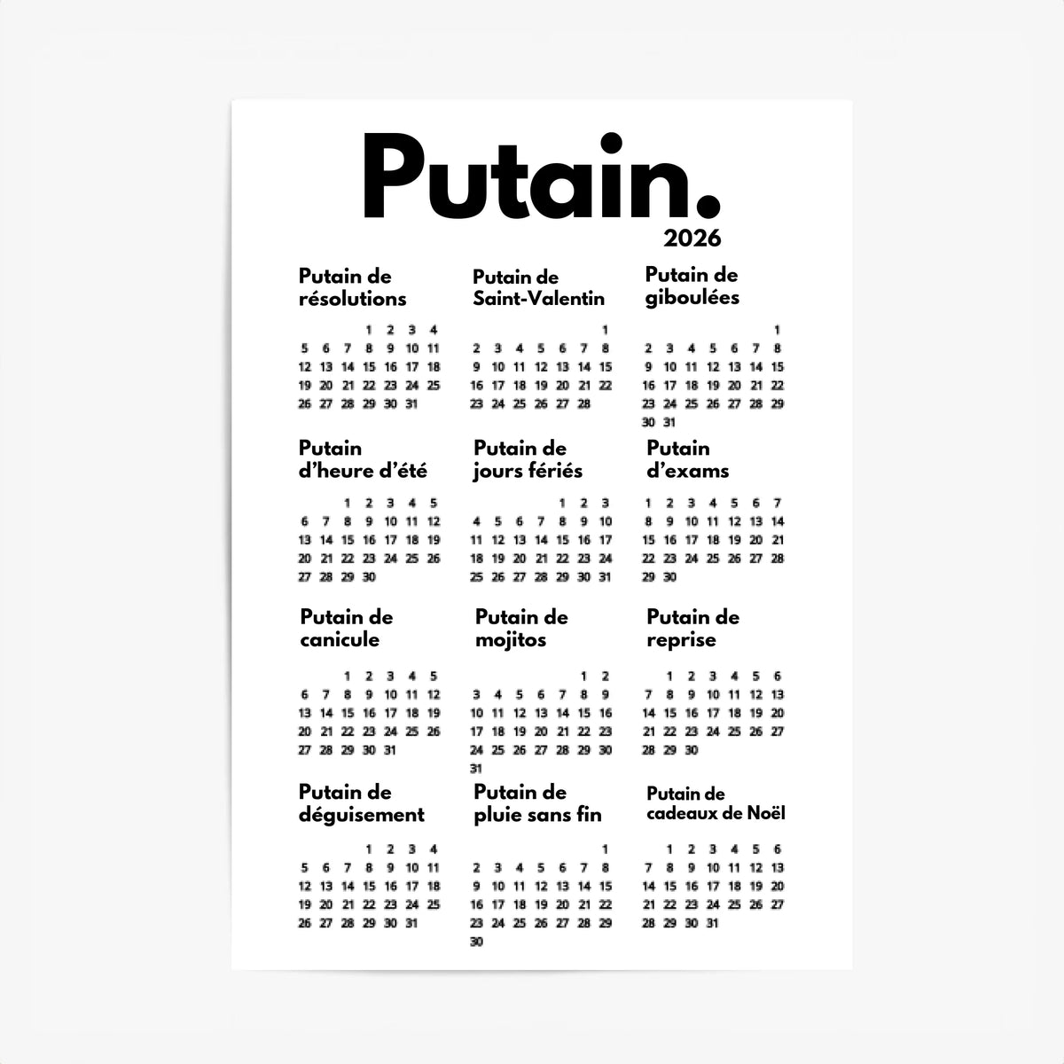 Affiche Personnalisée Calendrier Putain 2026